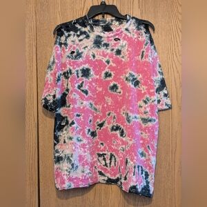 Pink and Black Oversized Distressed Tie-Dye Short Sleeve Tee